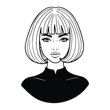 Kısa saç kesimi ve kakülleri olan siyah beyaz bir kadın. Yüzünde büyük gözler, tanımlanmış kaşlar ve dolgun dudaklar var. Uzun boyunlu ve kıvrımlı bir silueti var. Kalın çizgiler ve en az gölgelendirme ile oluşturulur.