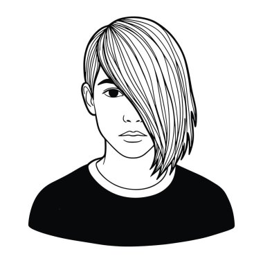 Kısa saçlı ve tarafsız bir ifadeyle basit bir siyah beyaz kadın. Beyaz yakalı siyah bir tişört giyiyor. Saçları yüzünün bir tarafına düşüyor. Arkaplan düz beyaz.