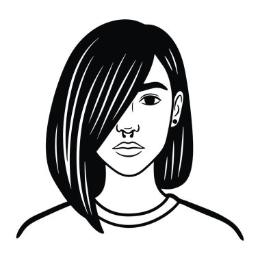 Kısa saçlı, omuzlarından yukarısına bakan basit bir siyah beyaz kadın. Saçları alnına ve yüzünün kenarına doğru düşüyor. Bir kulağında küçük bir küpe var ve en az yüz ifadesiyle tasvir ediliyor.