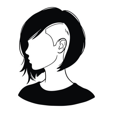 Profilde siyah ve beyaz bir kadın kafası ve omuzları var, sola bakıyor. Onun saçı kısa ve kakülle şekillendirilmiş. Basit, cesur çizgileri ve en az detayı olan bir tasvir. Kadın siyah bir gömlek giyiyor ve beyaz bir arka planı var..