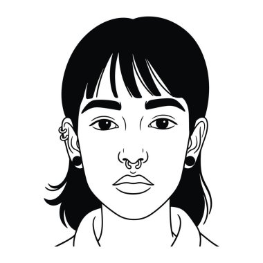 Burnunda piercing ve küpeleri olan siyah beyaz bir kadın. Koyu renk saçları var ve omuzlarına düşüyor. Basit ve minimalist, kalın çizgileri ve gölgesi yok. Kadın, yüz, siyah ve beyaz. Siyah beyaz bir kadın.