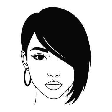 Kısa saçlı ve halka küpeli basit bir kadın yüzü ve beyazı. Kalın çizgileri ve sınırlı renk paleti olan minimalist bir çizgi. Kadının yüzü, temiz çizgiler ve geometrik şalgam üzerine odaklanmış nötr bir ifadeyle tasvir ediliyor.