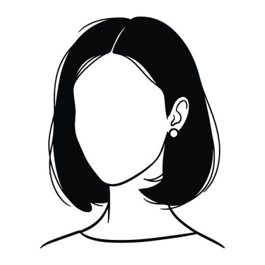 Bir kadının kafasının ve omuzlarının basit bir siyah beyaz resmi. Kadının kısa, omuzlarına kadar uzanan saçları ortadan ikiye bölünmüş ve düz bir çizgi halinde kesilmiş. Yüzü boş ve özelliksiz. İki kulağına da dairesel küpe takıyor. Yapılması gereken çok az şey var.