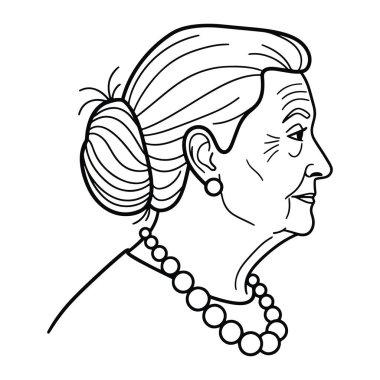 Profilde bir kadının kafasının siyah beyaz çizgisi. Kadının saçı topuz şeklinde ve inci bir kolye ve inci küpeler takıyor. Yüzünde göz ve ağız çevresindeki kırışıklıklar var. Arkaplanı düz beyaz..