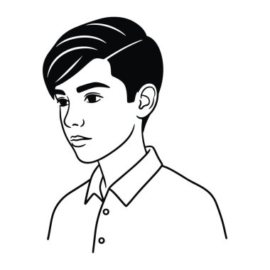 Kısa saçlı, yakalı ve iki düğmeli bir gömlek giyen basit bir siyah beyaz adam. Asgari gölgelendirmeli bir çizgi, ana hatlara odaklı ve arka planın temeli düz beyaz, genç adamın yüz hareketlerine dikkat et.