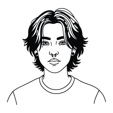 Orta boylu, uzun saçlı, tişört ve küpe takan siyah beyaz bir adam. Yüzün başı ve omuzlarına odaklanan basit bir çizgi net bir şekilde tanımlanır ve saç değişik uzunluk ve dokularla betimlenir. Şey...