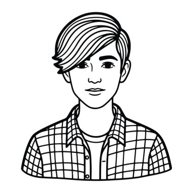 Kısa saçlı, ekose gömlek giyen ve tarafsız bir yüz ifadesi takınan siyah beyaz bir adam. Düz beyaz arkaplana karşı gölgelendirmesi ya da rengi olmayan basit bir çizgidir. Genç adam omuzlarından yukarı doğru çizilmiş.