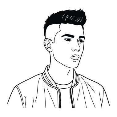 Kısa, stil sahibi ve ciddi bir ifadesi olan genç bir adamın siyah beyaz çizgisi. Fermuarlı bir ceket giyiyor ve sağa bakıyor. Sade beyaz bir arka planda basit bir kafa ve omuz portresi..