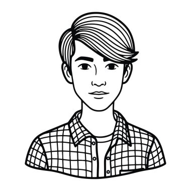 Kısa saçlı ve ekose gömlekli siyah beyaz bir adam. Rengi ve gölgesi olmayan basit bir çizgi. Adamın tarafsız bir ifadesi var ve omuzlarından yukarı doğru tasvir ediliyor. Kısa saçları var, bir tarafı süpürülmüş ve ekose gömleği var.
