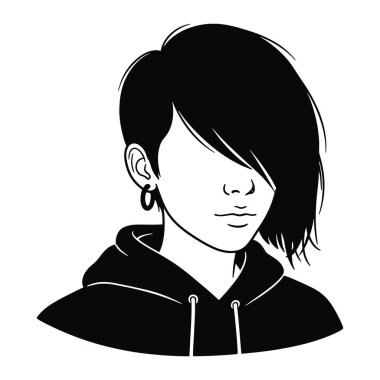 Siyah beyaz, kısa siyah saçlı ve kapüşonlu genç bir kadın. Saçları sağa doğru uzanıyor ve halka bir küpe takıyor. Beyaz arka planda basit bir şey. Kadın, kısa saçlı, siyah saçlı. Siyah ve beyaz genç bir w