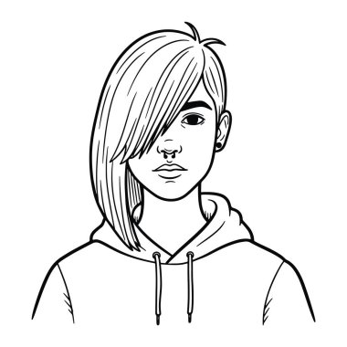 Kısa saçlı kapüşonlu bir gencin basit siyah beyaz çizgisi. Kişi omuzlarından yukarıya doğru, yüzünde tarafsız bir ifadeyle tasvir edilir. Basit ve minimalist bir şekilde, cesur çizgilerle yapılır.