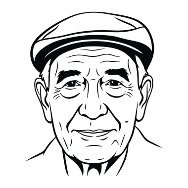 Sıcak bir gülümsemesi ve şapkası olan yaşlı bir adamın siyah beyaz resmi. Kalın çizgiler ve basit bir tarz. Adamın yüz ifadesi cana yakın ve cana yakın. Gözlerinde ve ağzında kırışıklıklar var. Omuzlarından yukarı doğru tasvir edilir.,