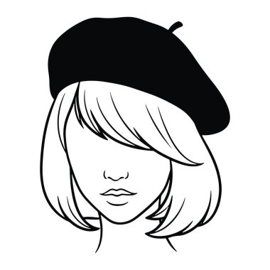 Bir kadının yüzü ve kafasının basit bir siyah-beyaz resmi. Onun kısmen sol gözünü kapatan perçemli kısa saçları var. Siyah bir bere kafasının üstünü örtüyor. Rengi ve gölgesi olmayan ve temiz çizgileri olan minimalist bir şekilde yapılır..