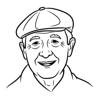 Siyah beyaz, yaşlı bir adam, sıcacık bir gülümsemesi ve beresi var. Basit bir beyaz arka plan ve adamın yüz ifadesi ve başlığına odaklanma. Biçim kalın çizgiler ve en az gölgelendirme ile karakterize edilir.