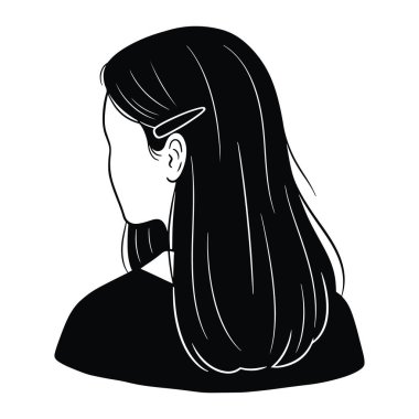 Bir kadının kafasının ve omuzlarının arkasından görülen basit bir siyah ve beyaz resmi. Uzun saçları sırtına ve omuzlarının üzerinden düşüyor. Siyah giyiyor. Arka plan bembeyaz. Kadın, kafa, omuzlar. Kadın kafasının siyah ve beyaz hali.