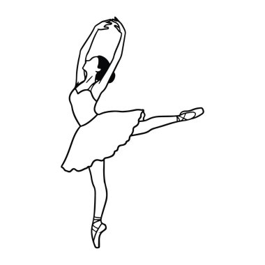 Sağ bacağının üzerinde duran ve sol bacağını arkaya uzatan bir balerin çizgisi. Kollarını başının üstüne kaldırdı. Kısa etek ve bale ayakkabısı giyiyor. Arkaplan düz beyaz.