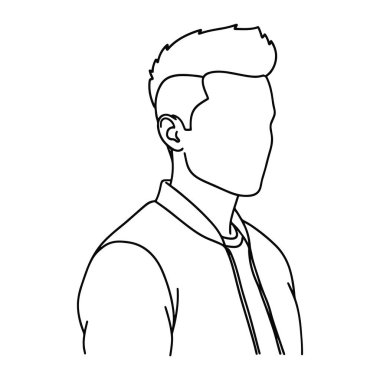 Bir adamın başı ve omuzlarından oluşan basit siyah bir çizgi. O bir tişörtün üzerine bir ceket giyiyor ve yandan izleniyor. Yüzü çizilmemiş. Arka plan düz beyaz. Çizgi siyah, adamım, erkek. Siyah çizgili ceketli ve tişörtlü bir adam.