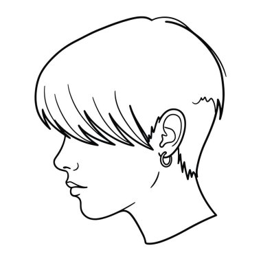 Profilde bir kişinin kafasının basit siyah çizgisi, kısa saç stili ve bir kulağında küpe. Temiz hatlar ve çok az detay, düz beyaz bir arkaplan üzerine kurulmuş. Siyah beyaz çizgi, profil, kafa. a noktasının siyah çizgisi