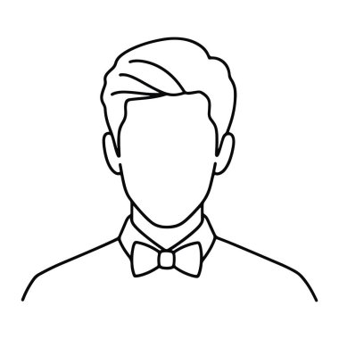 Bir adamın başı ve omuzlarından oluşan basit siyah bir çizgi. Adamın kısa saçı var ve papyon ve yakalı bir gömlek giyiyor. Yüzü çizilmemiş. Beyaz arka planda. Çizgili siyah çizgiler, dostum, kafa ve omuzlar. Bir adamın kafasının siyah çizgisi ve...