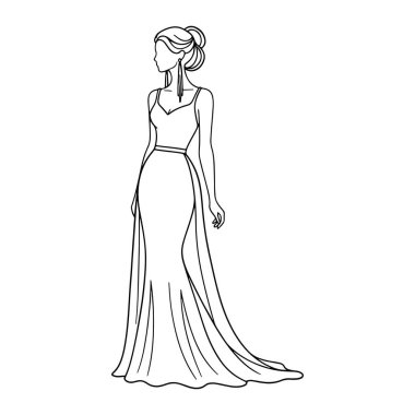 Uzun, resmi bir elbise giymiş basit siyah bir kadın çizgisi. Kadın profilden çizilmiş, sola bakıyor. Saçları topuz şeklinde ve uzun küpeler takıyor. Elbisesi kolsuz, V yaka ve belinde ince bir kemer var. Elbise.