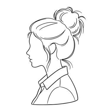 Bir kadının kafasının ve omuzlarının soldan görünen basit siyah çizgisi. Saçları topuz şeklinde ve yakalı bir gömlek giyiyor. Düz çizgiler ve minimal detay, düz beyaz arkaplan üzerine kurulur.