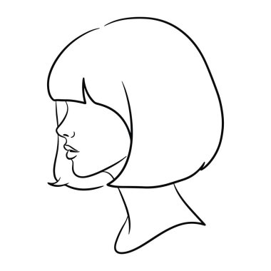 Kısa saçlarını kısa saç stilinde sergileyen bir kadının kafasının basit siyah çizgisi. Temiz hatlar ve çok az detay, düz beyaz bir arkaplan üzerine kurulmuş. Siyah beyaz çizgi, kadın, kafa. Profilde kısa bir kadın kafası çizgisi