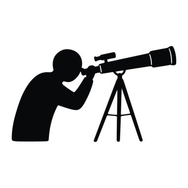 Bir tripoda monte edilmiş teleskoptan bakan bir adamın siyah silueti. Adam teleskoptan sağa doğru uzanan teleskoptan bakmak için öne doğru eğilmiştir. Arkaplan beyaz, c veriyor.