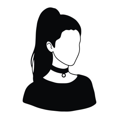 Beyaz arka planda at kuyruklu ve boğucu kolyeli bir kadının siyah silueti. Kadının yüzü ayrıntılı değil ve sade bir şey giyiyor. Saçları at kuyruğu şeklinde ve boğazında küçük dairesel bir kolye var..