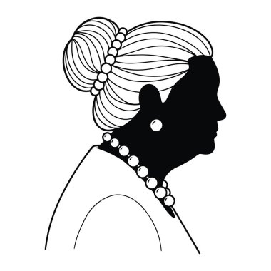 Siyah siluet bir kadın profili, yandan bakıldığında, saçları inci desenli bir topuz şeklinde. İnci bir kolye ve küpe takıyor. Beyaz arka plandaki basit çizgi. Kadın, siluet, siyah. Siyah kadın silueti