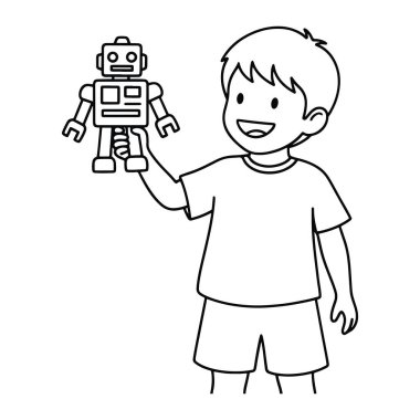 Kısa saçlı, tişört ve şort giyen, sağ elinde robot oyuncağı tutan gülümseyen bir çocuk çizgisi. Çocuk ve robot basit, çocuksu bir şekilde tasvir edilir. Siyah-beyaz renkli, kalın çizgilerle tanımlanıyor.