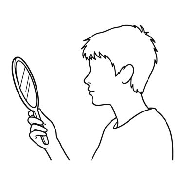 Kısa saçlı bir çocuğun sağ eliyle tuttuğu aynaya baktığı basit bir çizgi. Siyah ve beyaz, çocuğun profilini ve aynanın şeklini belirleyen kalın çizgiler var. Arkaplan düz beyaz.