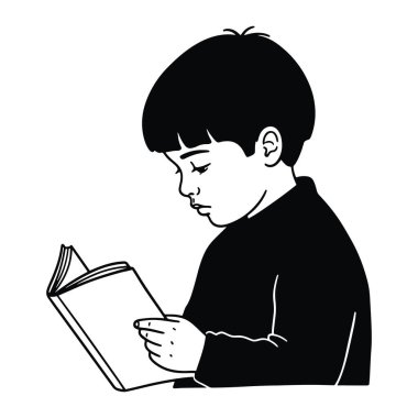 Kısa saçlı, koyu renk gömlekli, açık bir kitap okuyan basit bir siyah beyaz çocuk. Katı siyah ve beyaz renklerle, gölgeleme ya da doku olmadan temiz bir çizgi şeklinde yapılır. Çocuğun yüz ifadesi sakin ve odaklanmış.