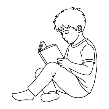 Bir kitap okumaya dalmış yerde oturan basit bir çocuk çizgisi. Kısa saçı var ve tişört ve pantolon giyiyor. Çocuk bacak bacak üstüne atmış, iki eliyle kitabı tutuyor ve metne odaklanmış gibi görünüyor. Siyah olan.