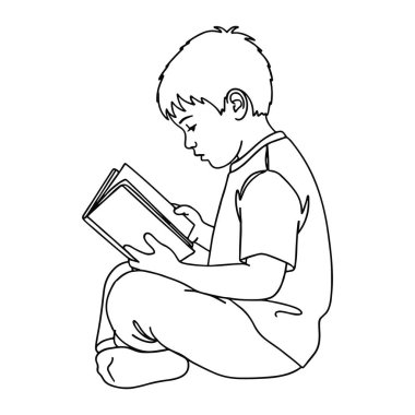 Yerde bağdaş kurmuş, kitap okumaya dalmış, siyah beyaz bir çocuk çizgisi. Çocuğun kısa saçı var ve kısa kollu bir gömlek ve pantolon giyiyor. Kitabı iki eliyle tutuyor, sayfalara odaklanmış. Geri kafalı.