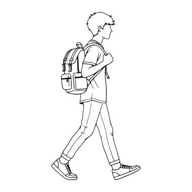 Sırtında sırt çantasıyla kısa kollu bir gömlek, kot pantolon ve spor ayakkabı giyen siyah beyaz bir çocuk çizgisi. Çocuğun kısa saçı var ve bembeyaz bir arkaplana karşı basit ve açıklayıcı bir şekilde tasvir ediliyor..