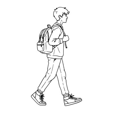 Sırt çantası, günlük giysiler ve spor ayakkabılar giymiş siyah beyaz bir çocuk çizgisi. Kısa saçları var ve bir kenar görüntüde tasvir ediliyor. Sade beyaz arkaplan üzerine kurulu basit ve temiz bir biçime sahiptir..