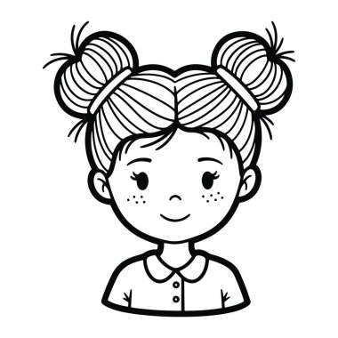 Saçları kafasında iki kalça şeklinde şekillendirilmiş gülümseyen bir çizgi film kızı. Yanaklarında çiller var ve düğmeli yakalı bir gömlek giyiyor. Kalın çizgiler ve en az gölgeleme, temiz ve eğlenceli bir hava veriyor.