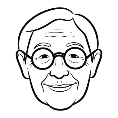 Gülümseyen yaşlı bir adamın basit siyah beyaz çizgisi. Kısa saçları, yuvarlak gözlükleri ve alnında ve gözlerinin etrafında belirgin kırışıklıkları var. Adamın yüz ifadesi neşeli, hafif bir gülümsemesi ve gözlerinin kenarlarında kırışıklıkları var. T
