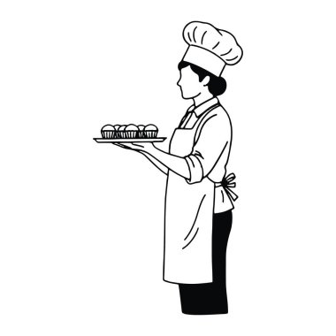 Elinde kek tepsisi olan bir şefin siyah beyaz çizgisi. Şef şapka, önlük ve koyu renk pantolon giyiyor. Tepside sepet gibi bir şey var ve içinde kek dilimleri olan dört tane kek var. Arkaplan düz beyaz.