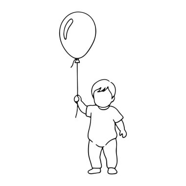 Elinde balon tutan basit bir çocuk çizgisi. Çocuğun kısa saçı var ve bir tişört ve pantolon giyiyor. Balon bir iple çocuğun eline bağlanır. Siyah-beyaz, düz beyaz bir arka planı var. Tarzı minimalist ve el arabası.