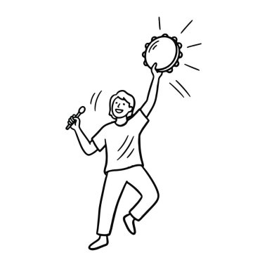 Bir elinde tef, diğer elinde marakayla dans eden gülümseyen bir kadın çizgisi. Vücudu dinamik bir pozda tek bacağı bükülmüş ve çizgiler etrafında hareket olduğunu gösteriyor. Beyaz arkaplan üzerinde siyah çizgiler, taşıma