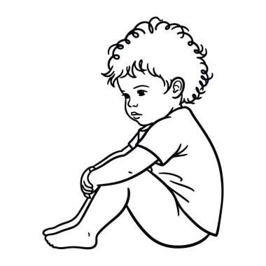 Kolları dizlerine dolanmış, yerde oturan kıvırcık saçlı bir çocuğun basit siyah beyaz çizgisi. Çocuk minimalist bir şekilde tasvir edilir kalın çizgiler ve gölgeleme veya renk yoktur. Arkaplan bembeyaz.
