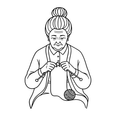 Siyah beyaz, saçları topuz şeklinde, yaka düğmeli ve küpeli bir gömleğin üstüne hırka giyen yaşlı bir kadın. Elinde örgü iğneleri tutuyor ve yanında iplik yumağıyla bir kumaş parçası üzerinde çalışıyor. Bu basit bir çizgi.