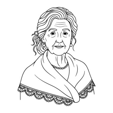 Dalgalı saçları, gülümseyen yüzü ve kırışıklıkları olan yaşlı bir kadının siyah beyaz çizgisi. Dantelli bir şal, kolye ve küpe takıyor. Yaşlı bir kadının basit ama detaylı bir temsili..