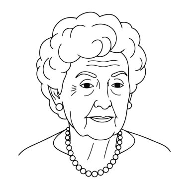Kısa kıvırcık saçlı, inci kolyeli ve küpeli yaşlı bir kadın çizgisi. Gözlerinde ve ağzında kırışıklıklar var ve hafifçe gülümsüyor. Siyah beyaz, düz beyaz bir arka planı var..