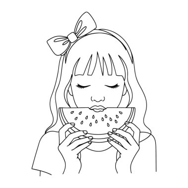 Saçında fiyonk olan bir kızın bir dilim karpuz yediği basit bir çizgi. Siyah ve beyaz çizgiler halinde, kızın ve karpuzun kalın çizgileri var. Bir ısırık aldığında zevkten gözleri kapanıyor..