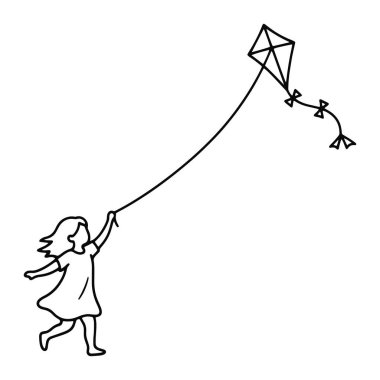 Uçurtma ipini elinde tutarken koşan basit bir kız çizgisi, üzerinde uçurtma süzülürken. Uçurtmanın elmas şeklinde bir vücudu ve üçgen çizgileri olan uzun bir kuyruğu var. Kızın orta boylu saçları var ve kısa bir elbise giyiyor. Arka plan...