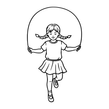 Örgü örgülü atlama halatlarıyla genç bir kızın basit siyah beyaz çizgisi. O kısa kollu bir gömlek, kısa pileli bir etek ve sandalet giyiyor. Zıplarken bacakları çapraz ve yüzünde hafif bir gülümseme var. İp sıkıştı.