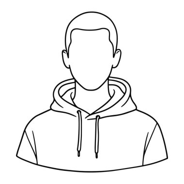 Kısa saçlı ve yüzü olmayan kapüşonlu bir adamın basit bir çizgisi. Siyah-beyaz, kalın çizgileri adamın kafasını ve vücudunu tanımlıyor. Kapüşonlunun askısı var ve kolları kısa. Arkaplan düz beyaz.