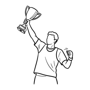 Bir elinde kupa, diğer elinde yumruğunu havaya sallayan bir adamın basit siyah beyaz çizgisi. O bir tişört giyiyor ve kısa saçlı. Arka plan düz beyaz. Adamın yüzü detaylı değil..